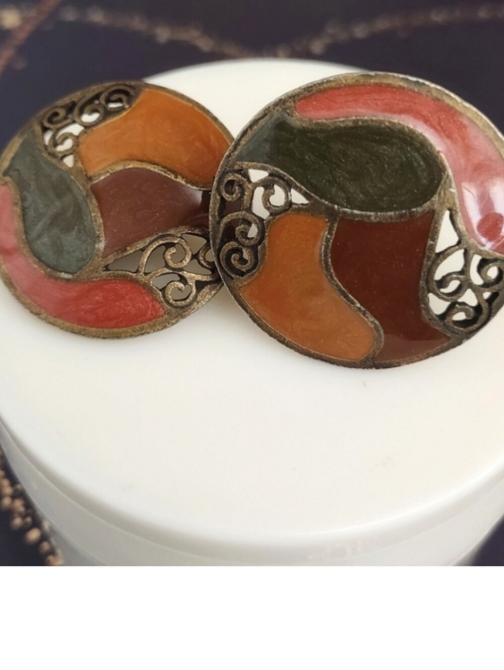 Vintage Pumpkin Brown Fall Colors Enamel Clip Earrings Antique Gold